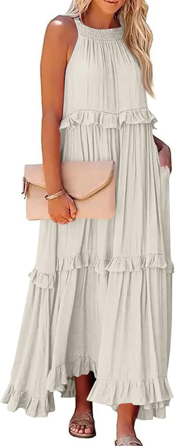 Maxi Dresses for Women 2025 Vacation Swing Flowy Tiered Dress Pretty Garden Halter Neck Long Smocked Ruffle Dresses