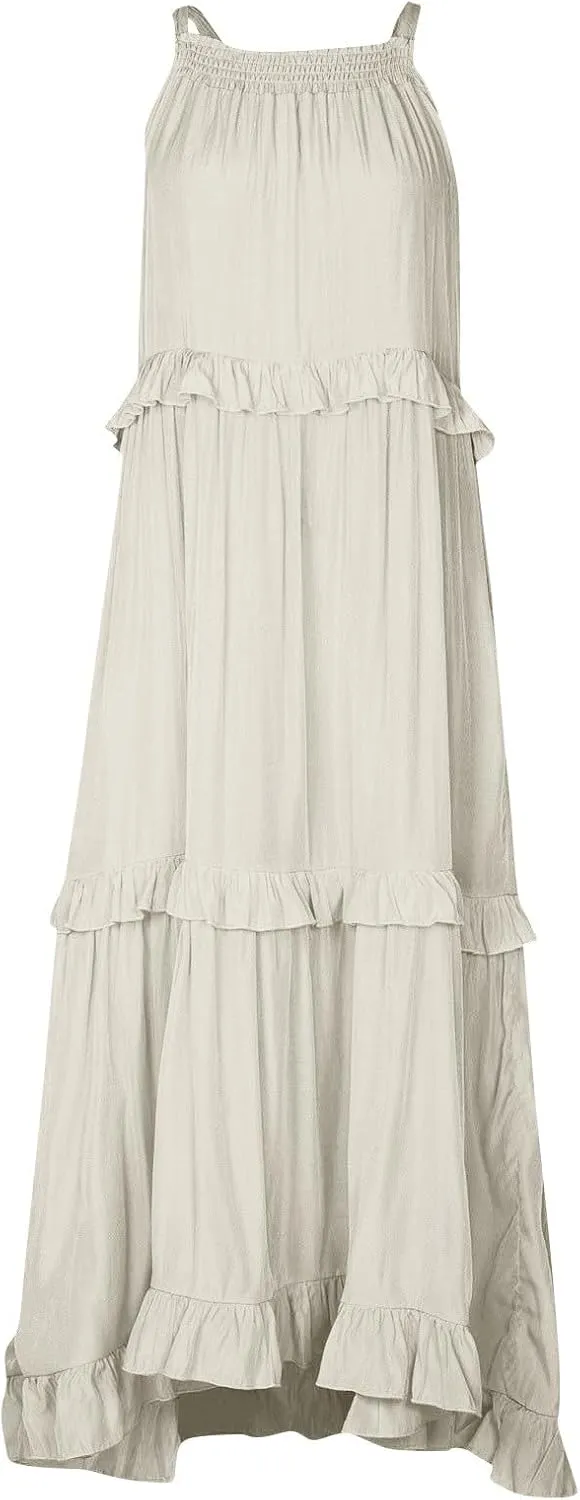 Maxi Dresses for Women 2025 Vacation Swing Flowy Tiered Dress Pretty Garden Halter Neck Long Smocked Ruffle Dresses