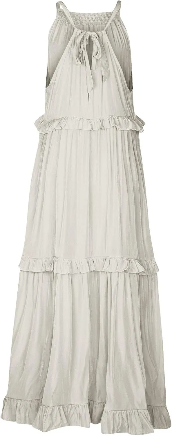 Maxi Dresses for Women 2025 Vacation Swing Flowy Tiered Dress Pretty Garden Halter Neck Long Smocked Ruffle Dresses
