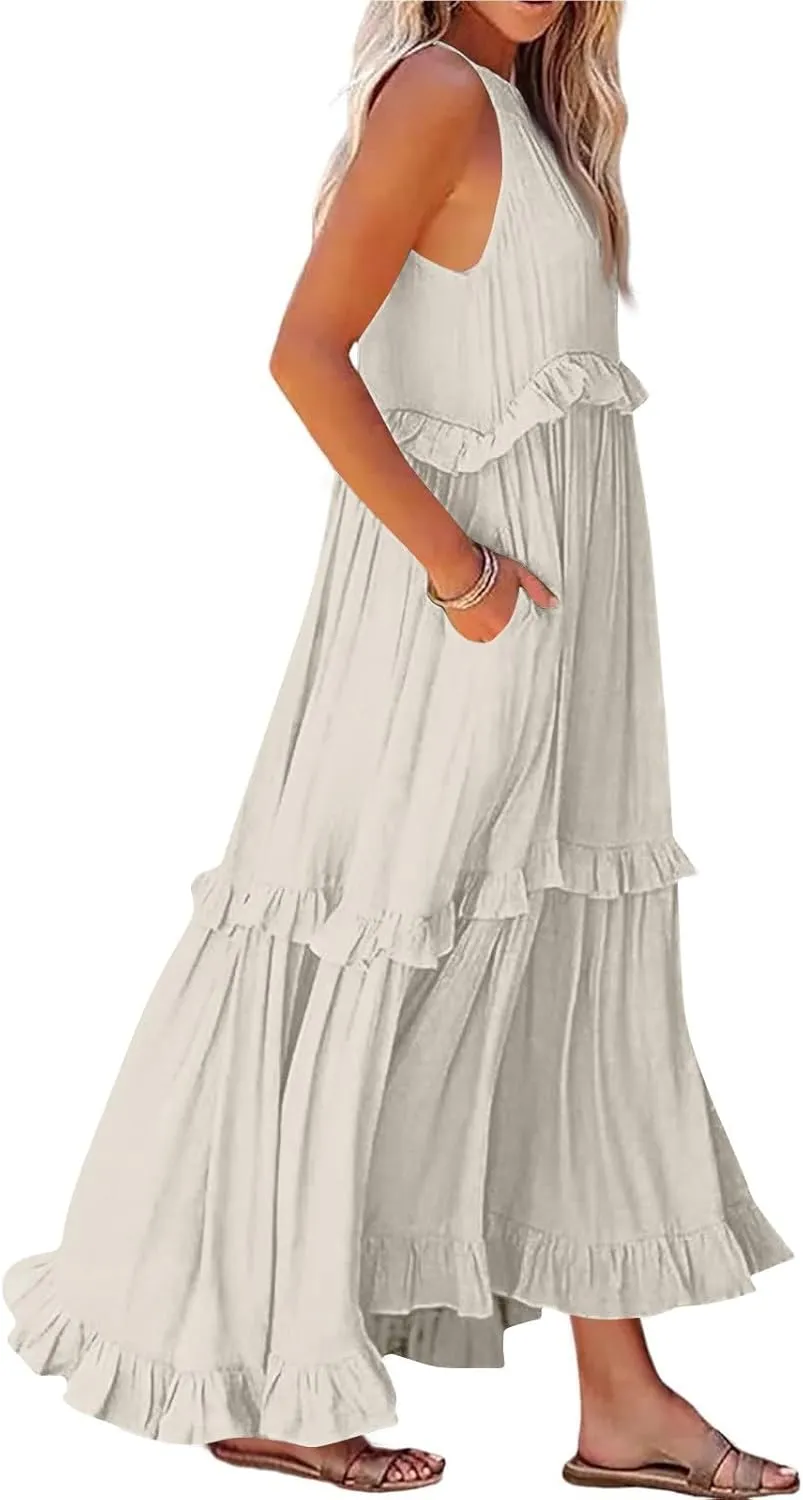 Maxi Dresses for Women 2025 Vacation Swing Flowy Tiered Dress Pretty Garden Halter Neck Long Smocked Ruffle Dresses