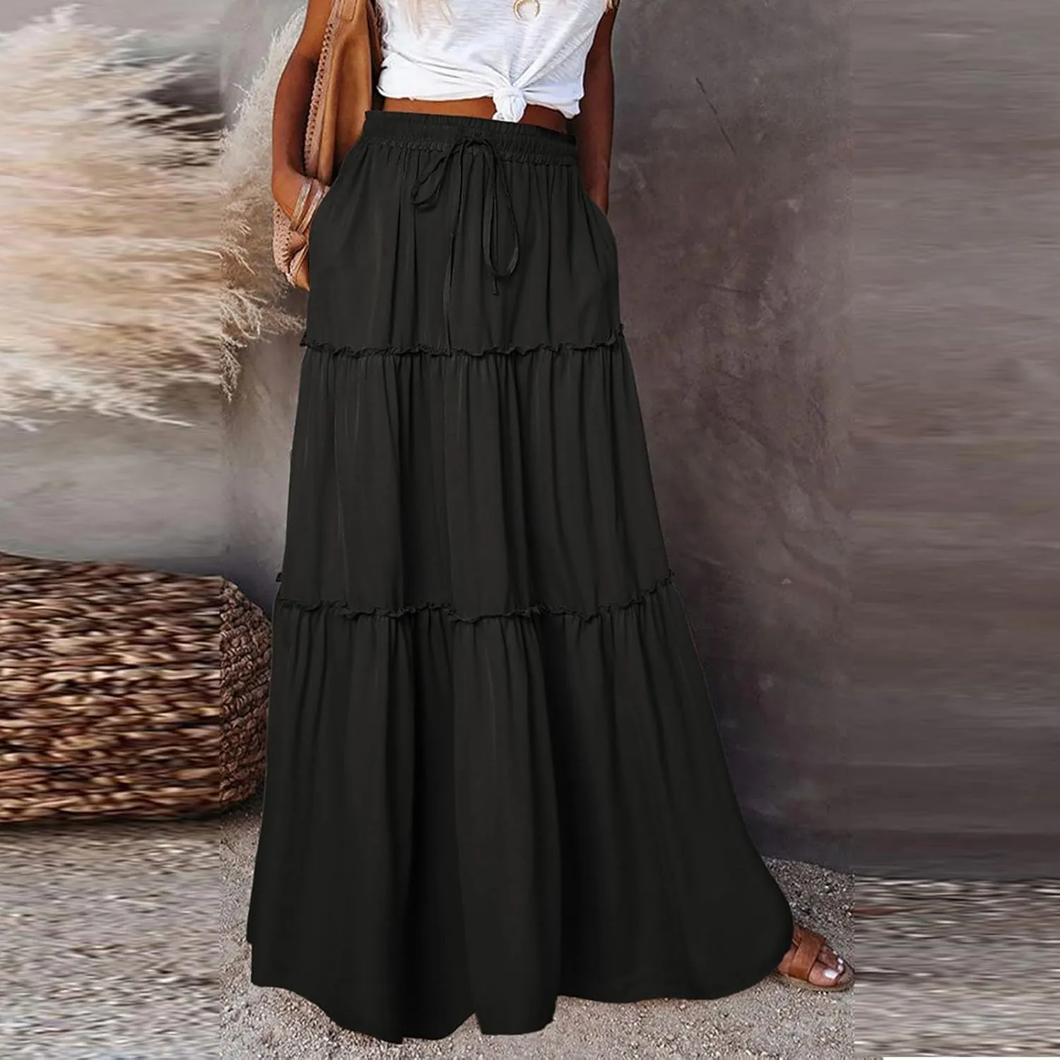 Maxi Skirt for Women 2025 Casual Summer Tiered High Waisted Skirts Pleated Aline Skirt Dressy Long Skirts with Pockets