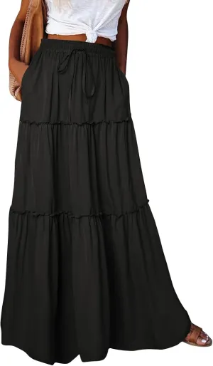 Maxi Skirt for Women 2025 Casual Summer Tiered High Waisted Skirts Pleated Aline Skirt Dressy Long Skirts with Pockets