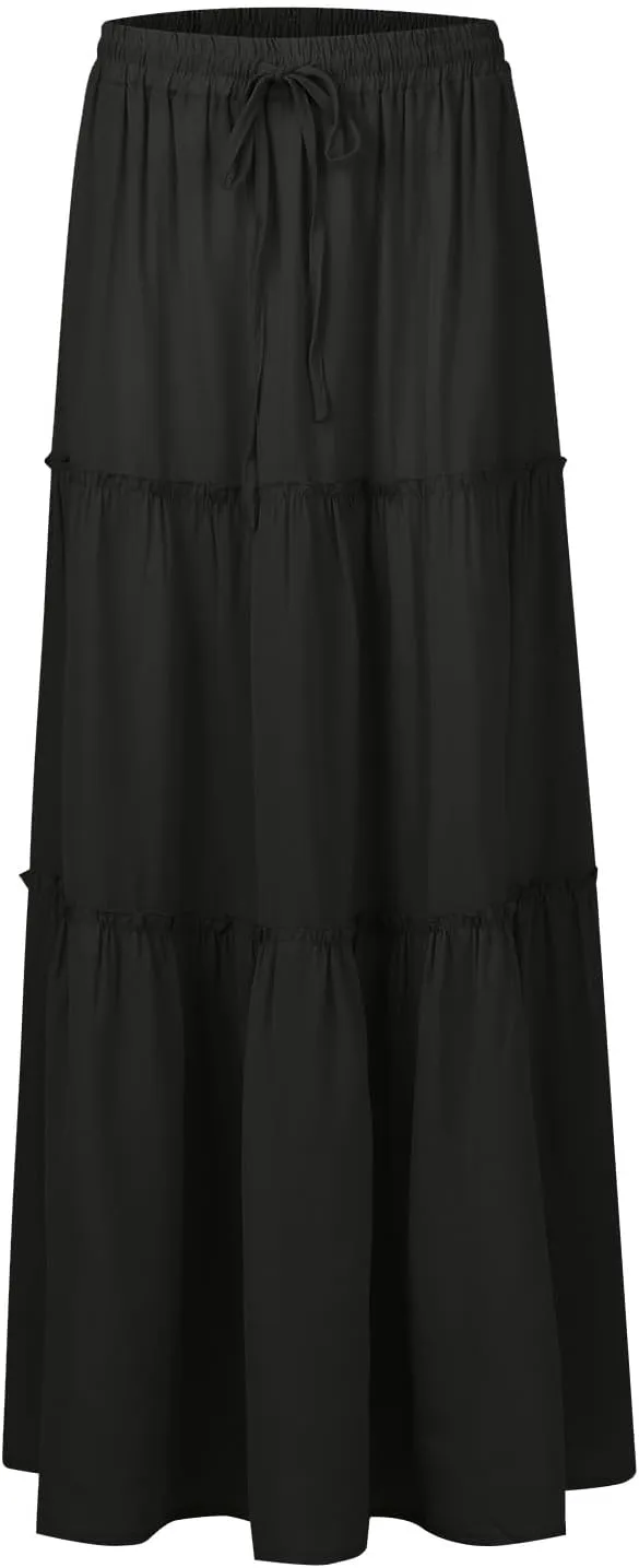 Maxi Skirt for Women 2025 Casual Summer Tiered High Waisted Skirts Pleated Aline Skirt Dressy Long Skirts with Pockets