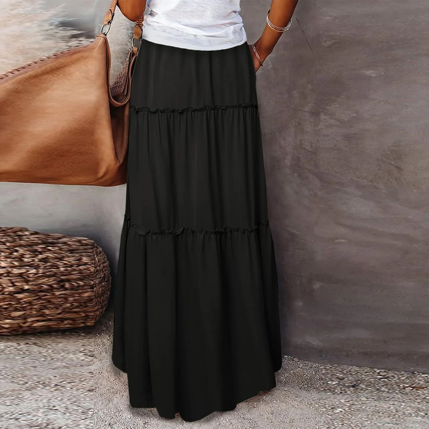Maxi Skirt for Women 2025 Casual Summer Tiered High Waisted Skirts Pleated Aline Skirt Dressy Long Skirts with Pockets