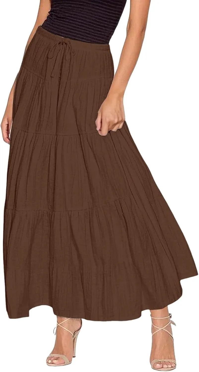 Maxi Skirt for Women Summer Elegant Trendy Drawstring High Waist Flowy Boho Pleated Tiered A Line Beach Long Skirts