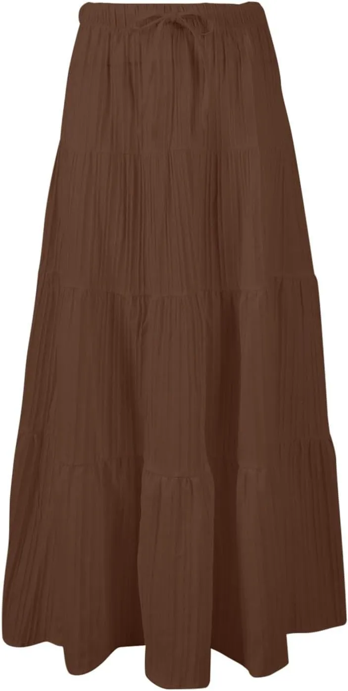 Maxi Skirt for Women Summer Elegant Trendy Drawstring High Waist Flowy Boho Pleated Tiered A Line Beach Long Skirts