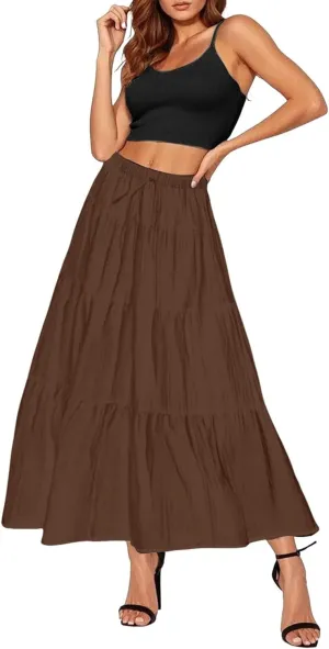 Maxi Skirt for Women Summer Elegant Trendy Drawstring High Waist Flowy Boho Pleated Tiered A Line Beach Long Skirts