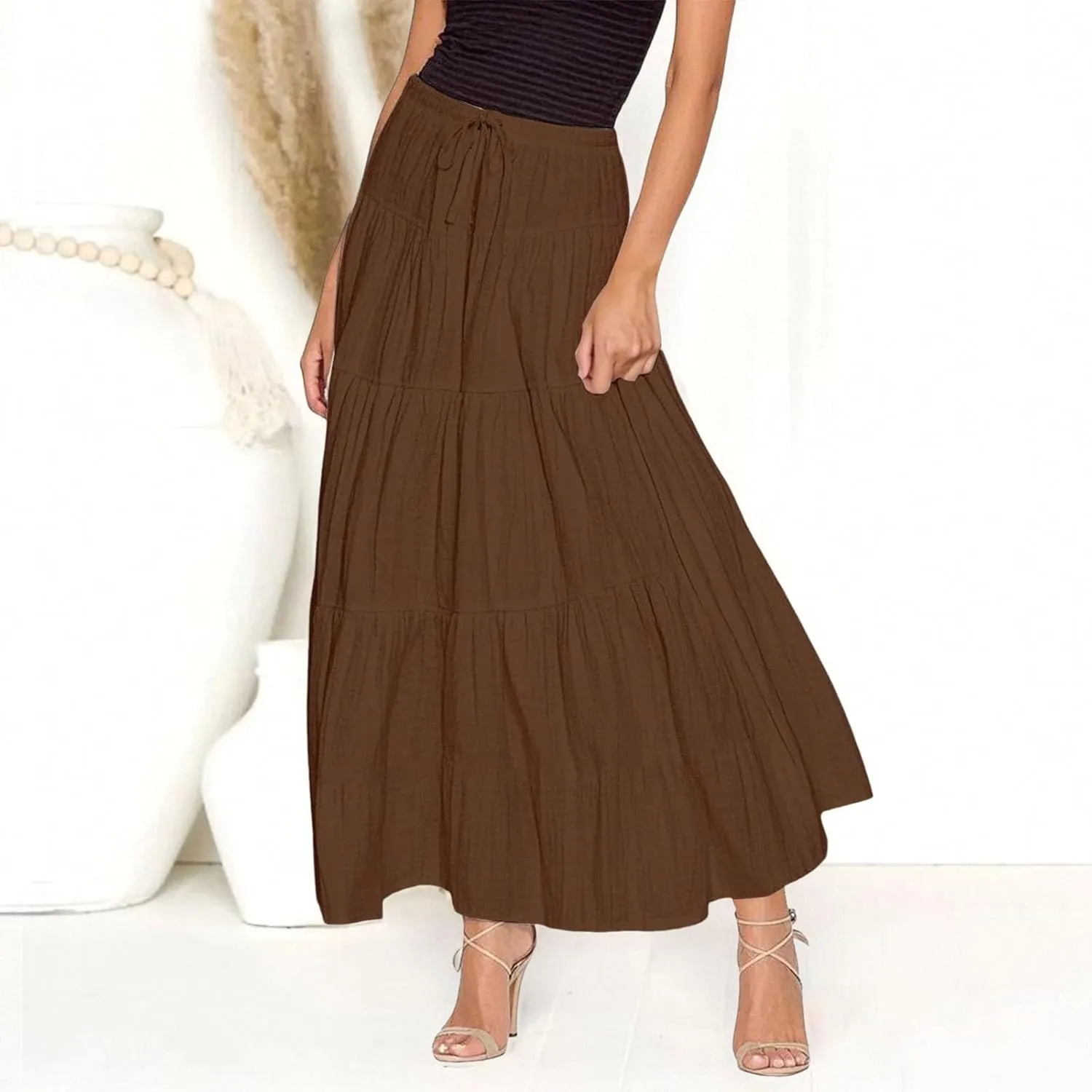 Maxi Skirt for Women Summer Elegant Trendy Drawstring High Waist Flowy Boho Pleated Tiered A Line Beach Long Skirts