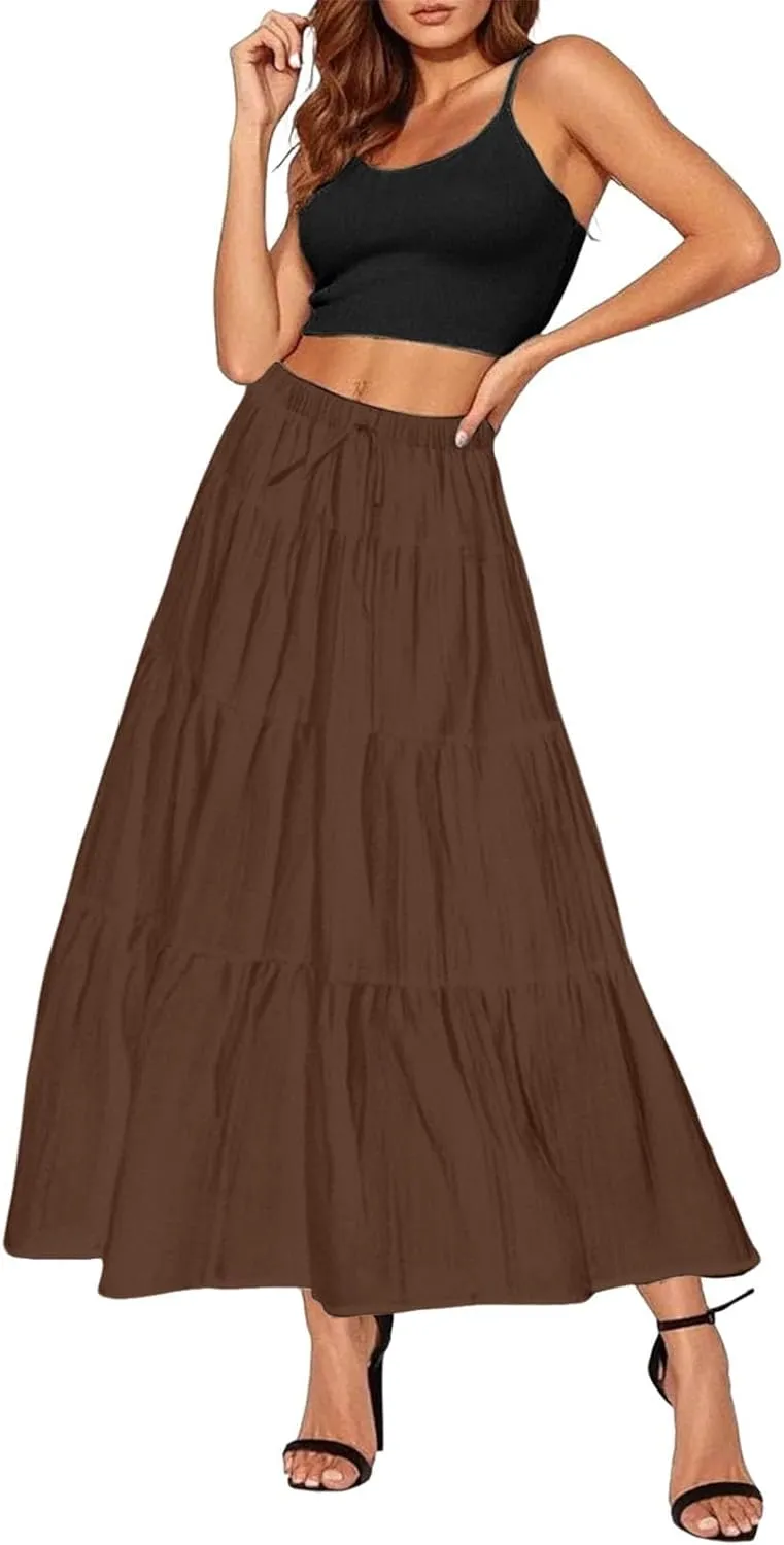 Maxi Skirt for Women Summer Elegant Trendy Drawstring High Waist Flowy Boho Pleated Tiered A Line Beach Long Skirts