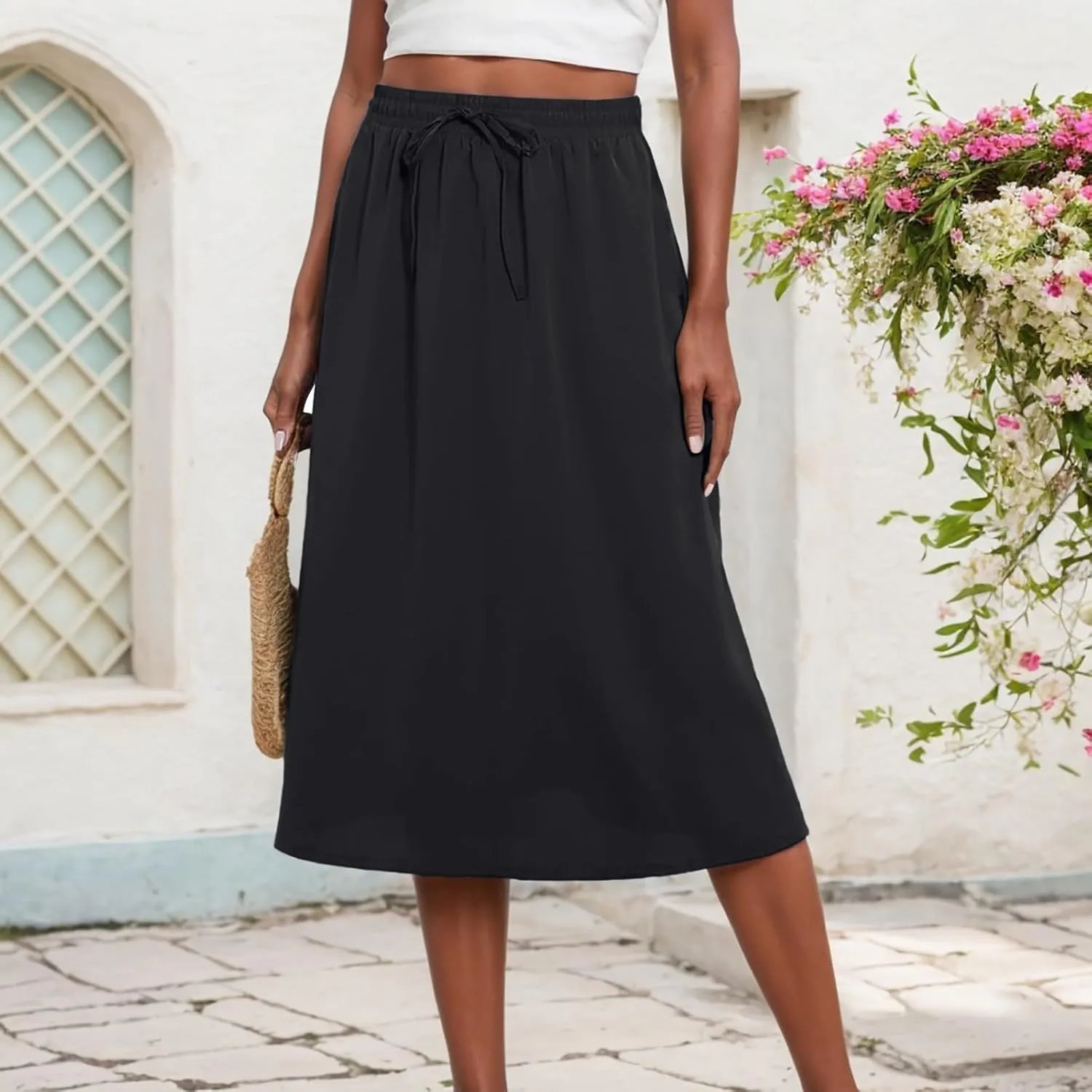 Maxi Skirts for Women 2025 Elegant Boho Pleated Skirt Elastic High Waisted Casual Summer Pockets A Line Dresses Outfits