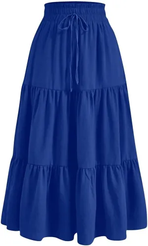 Maxi Skirts for Women 2025 Summer Fashion Flowy Pleated Long Skirt Casual Boho High Waisted Drawstring A Line Skirts