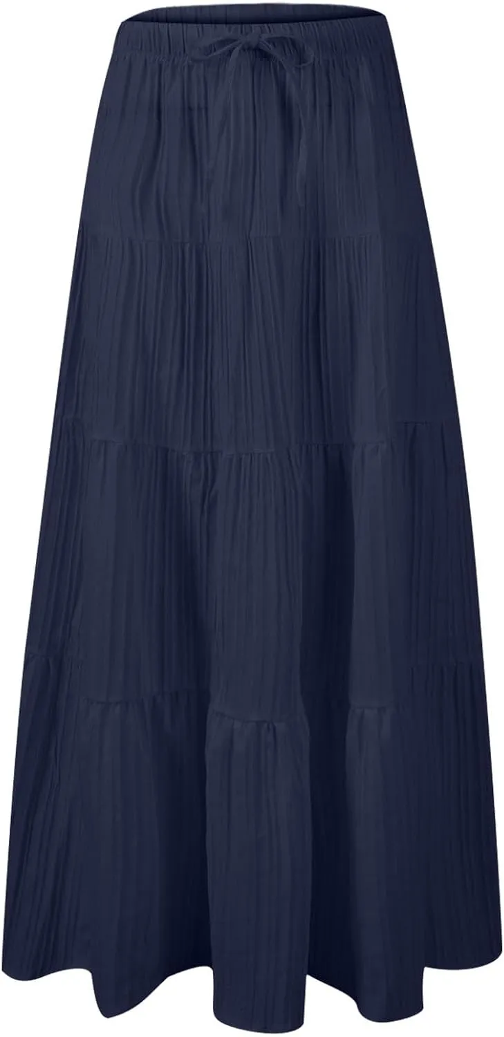 Maxi Skirts for Women Beach Boho Tiered Flowy Swing Midi Skirt Elastic Drawstring Waist Layered Pleated Long Skirt
