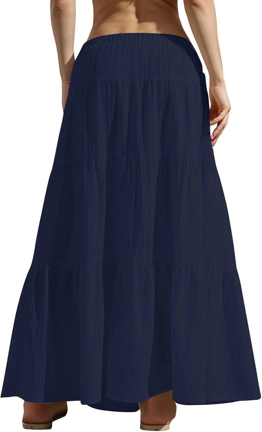 Maxi Skirts for Women Beach Boho Tiered Flowy Swing Midi Skirt Elastic Drawstring Waist Layered Pleated Long Skirt