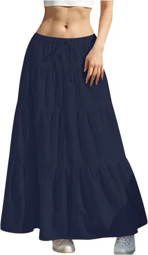 Maxi Skirts for Women Beach Boho Tiered Flowy Swing Midi Skirt Elastic Drawstring Waist Layered Pleated Long Skirt