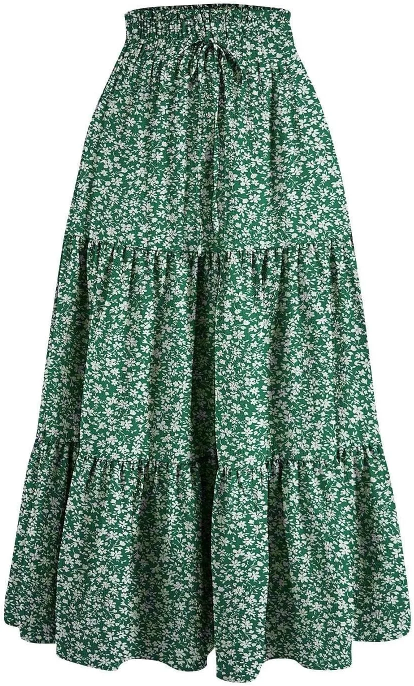 Maxi Skirts for Women Boho Floral Print Tiered Flowy Skirt Vacation Elastic Drawstring Waist A Line Pleated Skirt