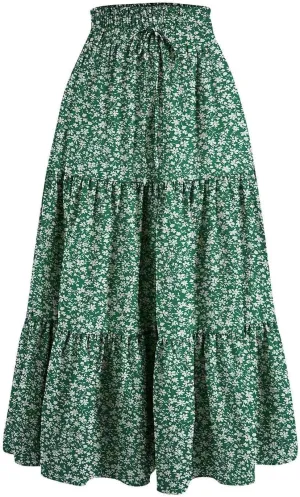 Maxi Skirts for Women Boho Floral Print Tiered Flowy Skirt Vacation Elastic Drawstring Waist A Line Pleated Skirt