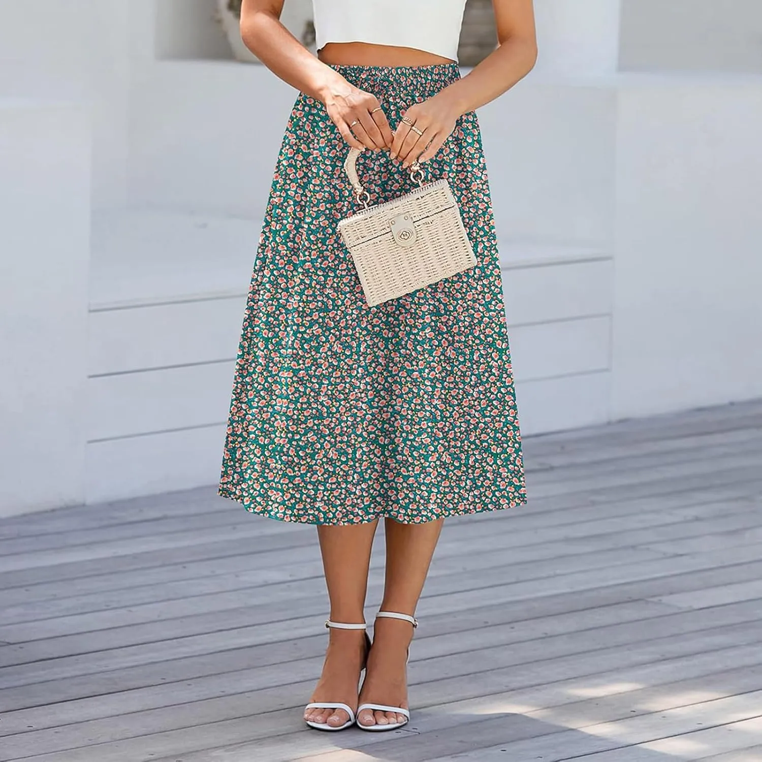 Maxi Skirts for Women Casual Summer Boho High Waisted Floral Skirt Loose Flowy Pleated A-Line Skirt