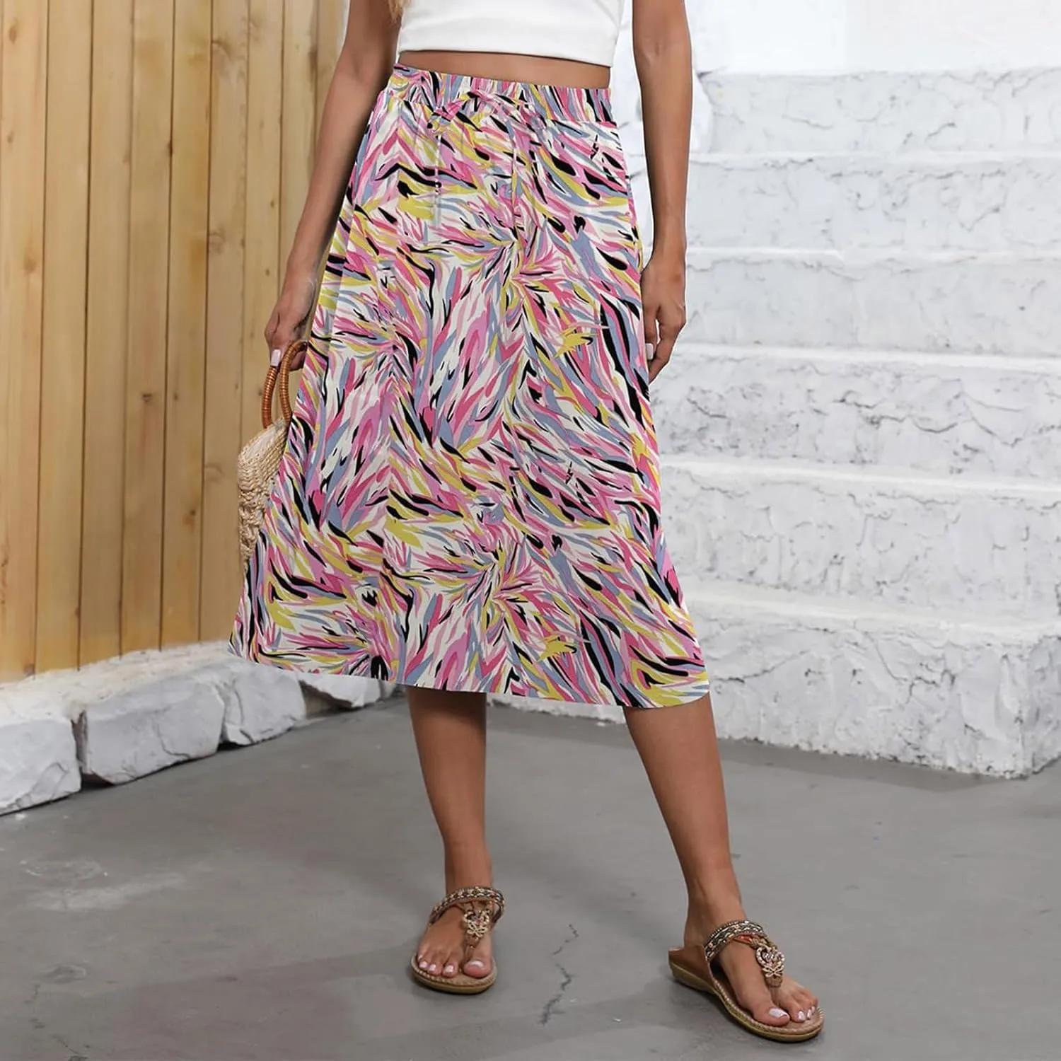 Maxi Skirts for Women Casual Summer Boho High Waisted Floral Skirt Loose Flowy Pleated A-Line Skirt