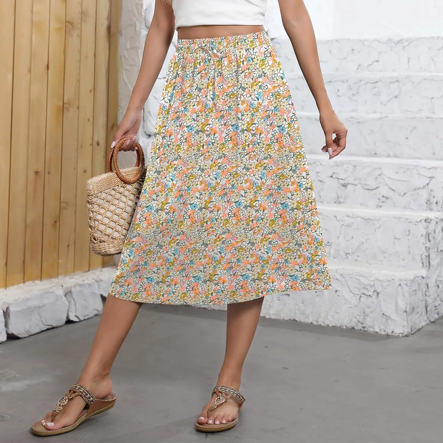Maxi Skirts for Women Casual Summer Boho High Waisted Floral Skirt Loose Flowy Pleated A-Line Skirt