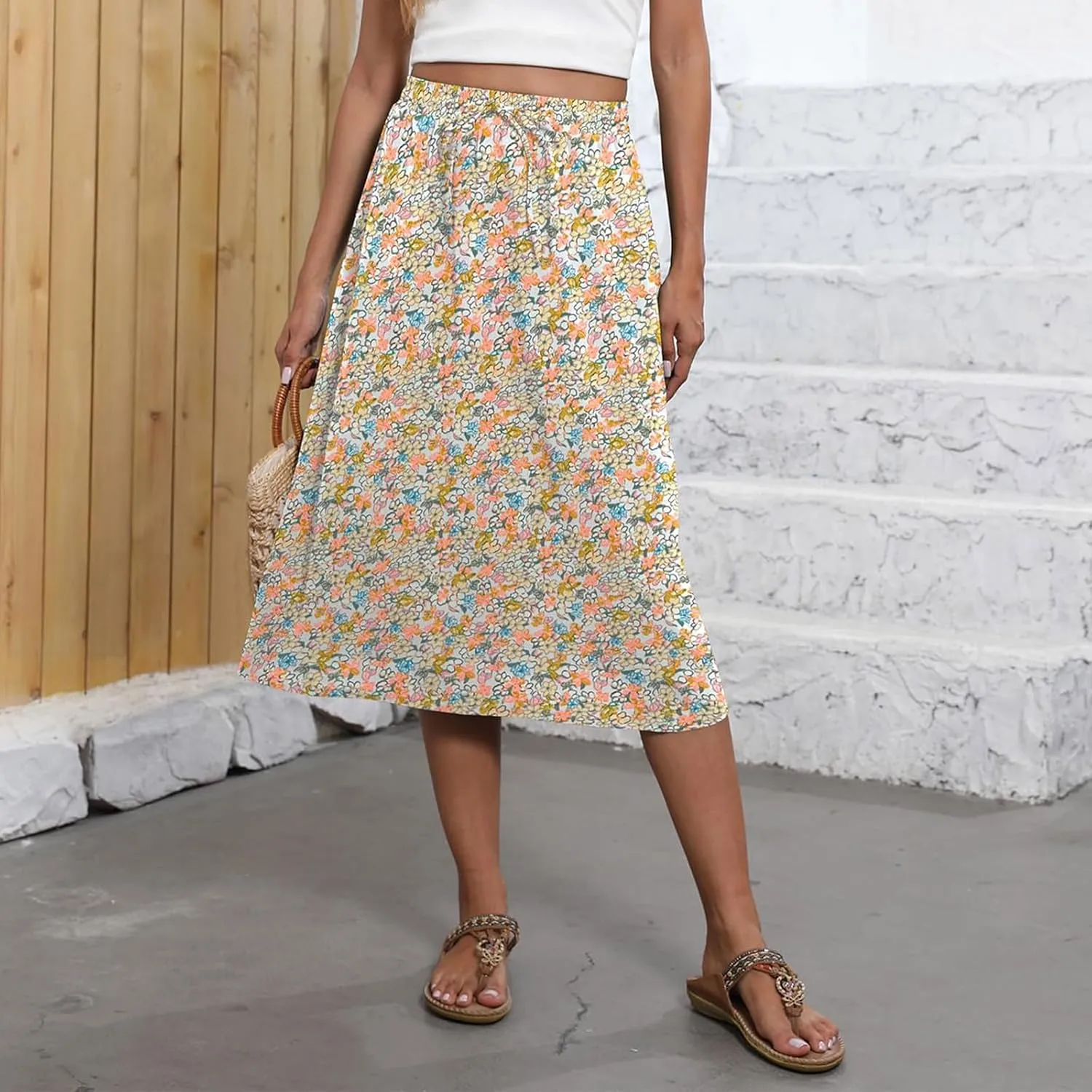 Maxi Skirts for Women Casual Summer Boho High Waisted Floral Skirt Loose Flowy Pleated A-Line Skirt