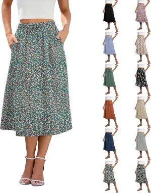 Maxi Skirts for Women Casual Summer Boho High Waisted Floral Skirt Loose Flowy Pleated A-Line Skirt