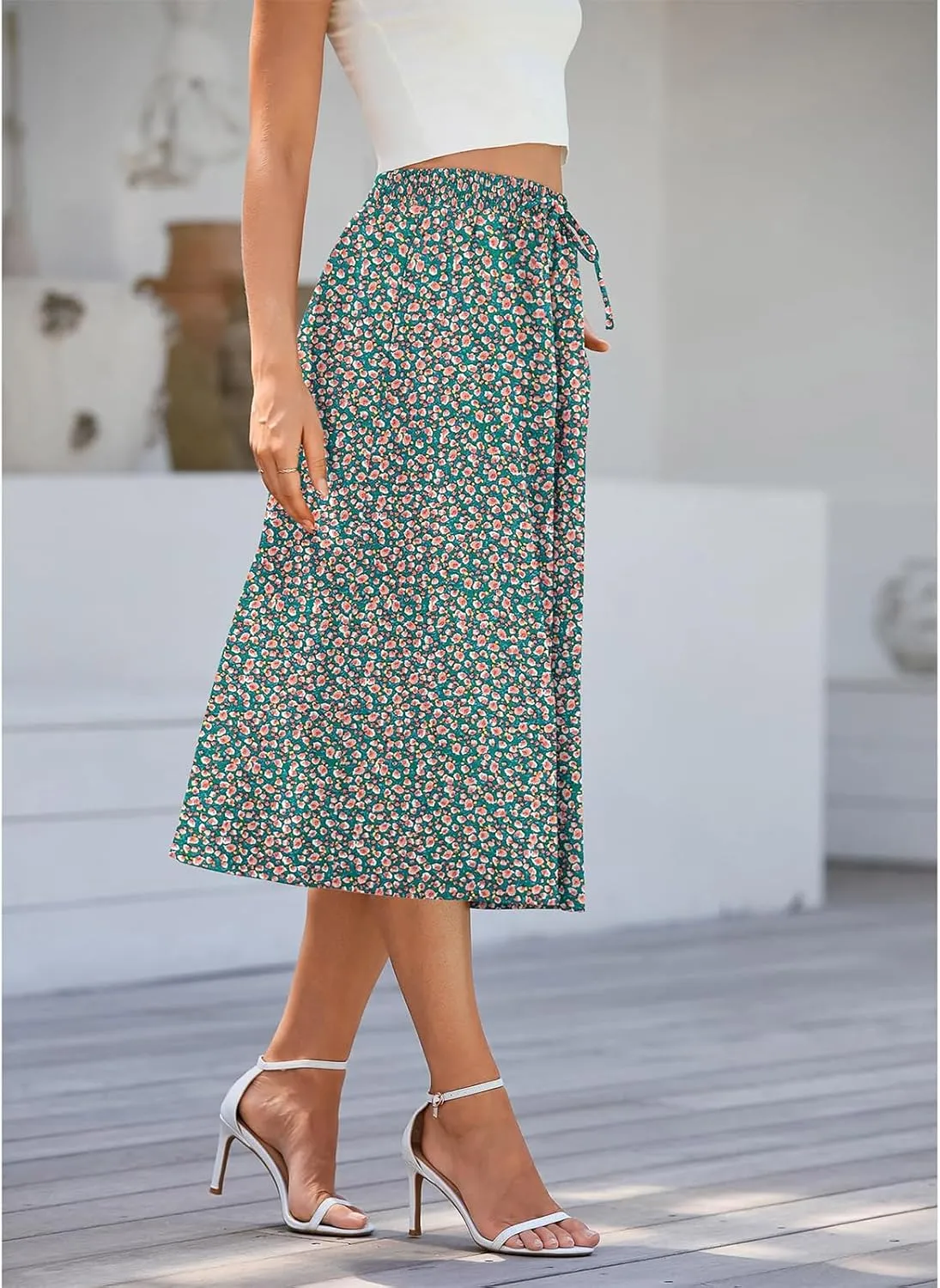 Maxi Skirts for Women Casual Summer Boho High Waisted Floral Skirt Loose Flowy Pleated A-Line Skirt