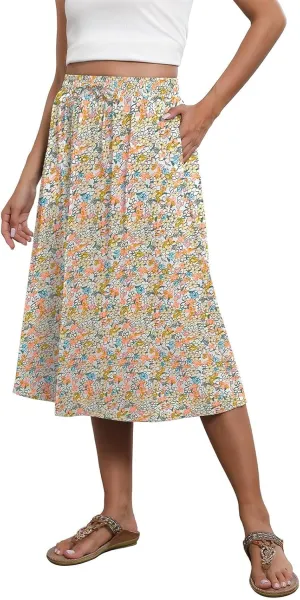 Maxi Skirts for Women Casual Summer Boho High Waisted Floral Skirt Loose Flowy Pleated A-Line Skirt
