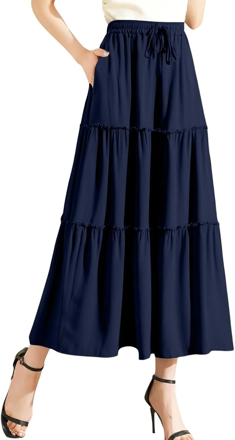Maxi Skirts for Women Flowy Boho with Pockets A-Line Ruffle Tiered Elastic High Waist Summer Skirts 2025 Vacation