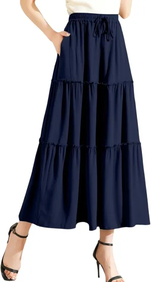 Maxi Skirts for Women Flowy Boho with Pockets A-Line Ruffle Tiered Elastic High Waist Summer Skirts 2025 Vacation