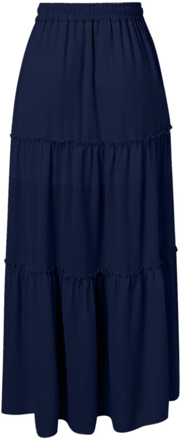 Maxi Skirts for Women Flowy Boho with Pockets A-Line Ruffle Tiered Elastic High Waist Summer Skirts 2025 Vacation