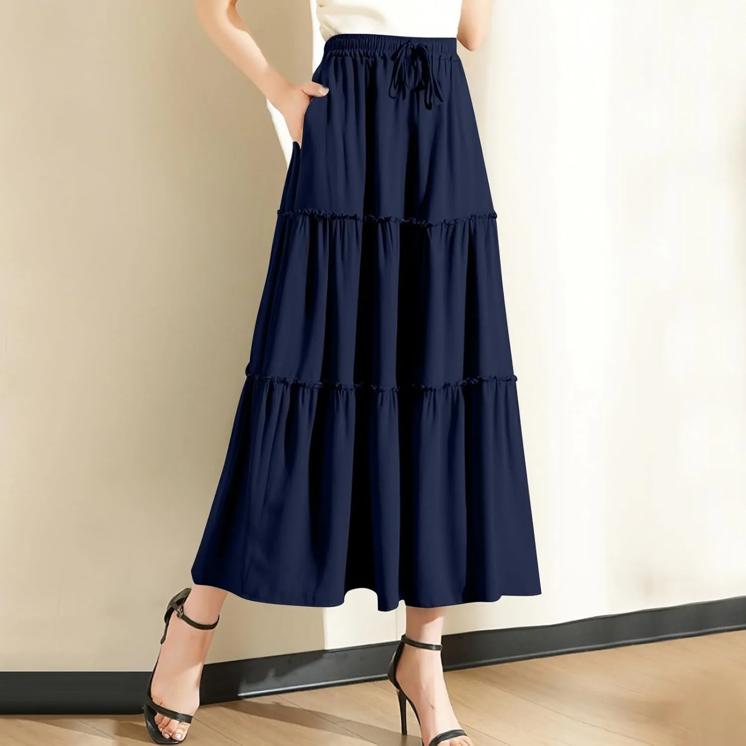 Maxi Skirts for Women Flowy Boho with Pockets A-Line Ruffle Tiered Elastic High Waist Summer Skirts 2025 Vacation