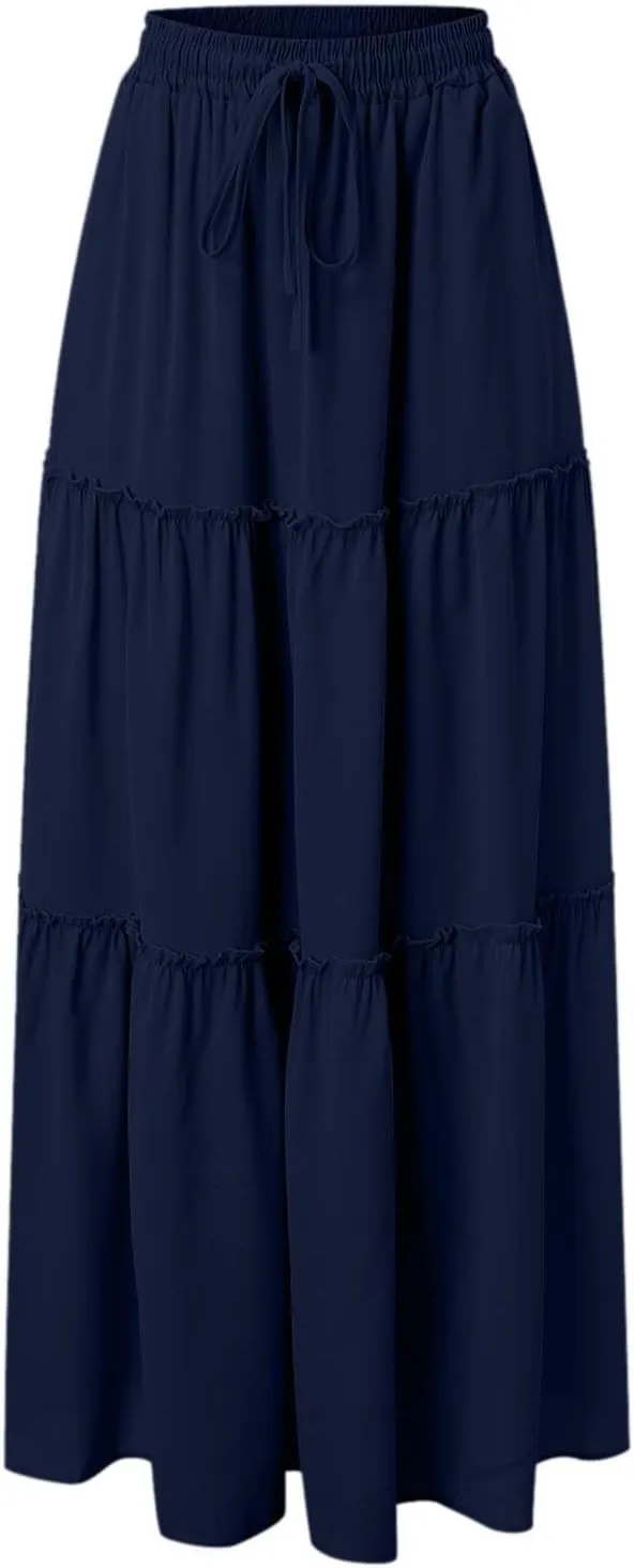 Maxi Skirts for Women Flowy Boho with Pockets A-Line Ruffle Tiered Elastic High Waist Summer Skirts 2025 Vacation