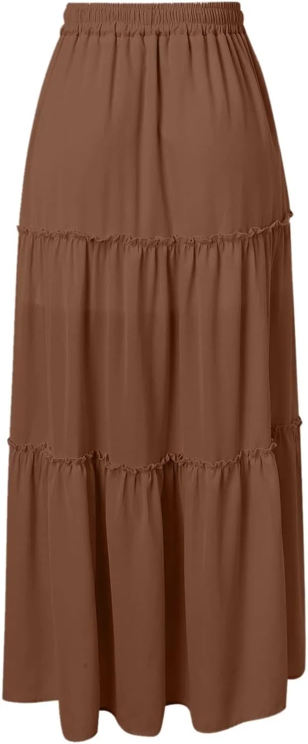 Maxi Skirts for Women Flowy Boho with Pockets Drawstring Elastic High Waist A-Line Ruffle Tiered Summer Long Skirts