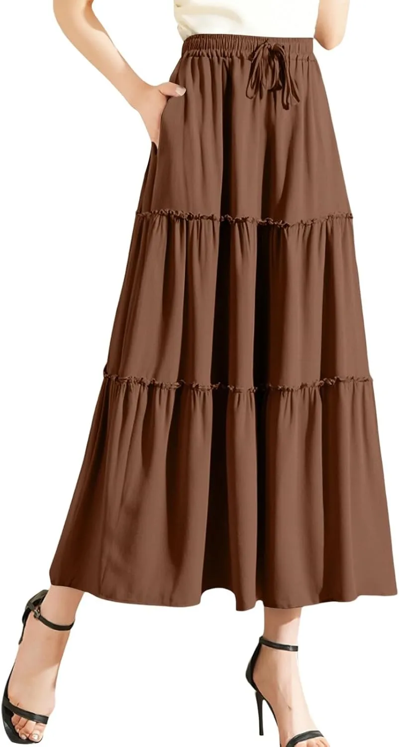Maxi Skirts for Women Flowy Boho with Pockets Drawstring Elastic High Waist A-Line Ruffle Tiered Summer Long Skirts