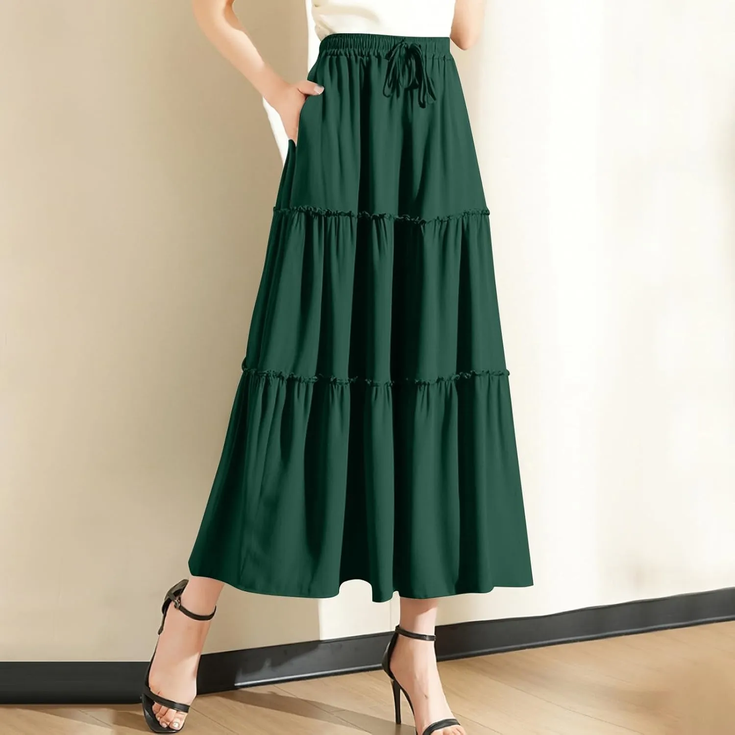 Maxi Skirts for Women Flowy Boho with Pockets Drawstring Elastic High Waist A-Line Ruffle Tiered Summer Long Skirts
