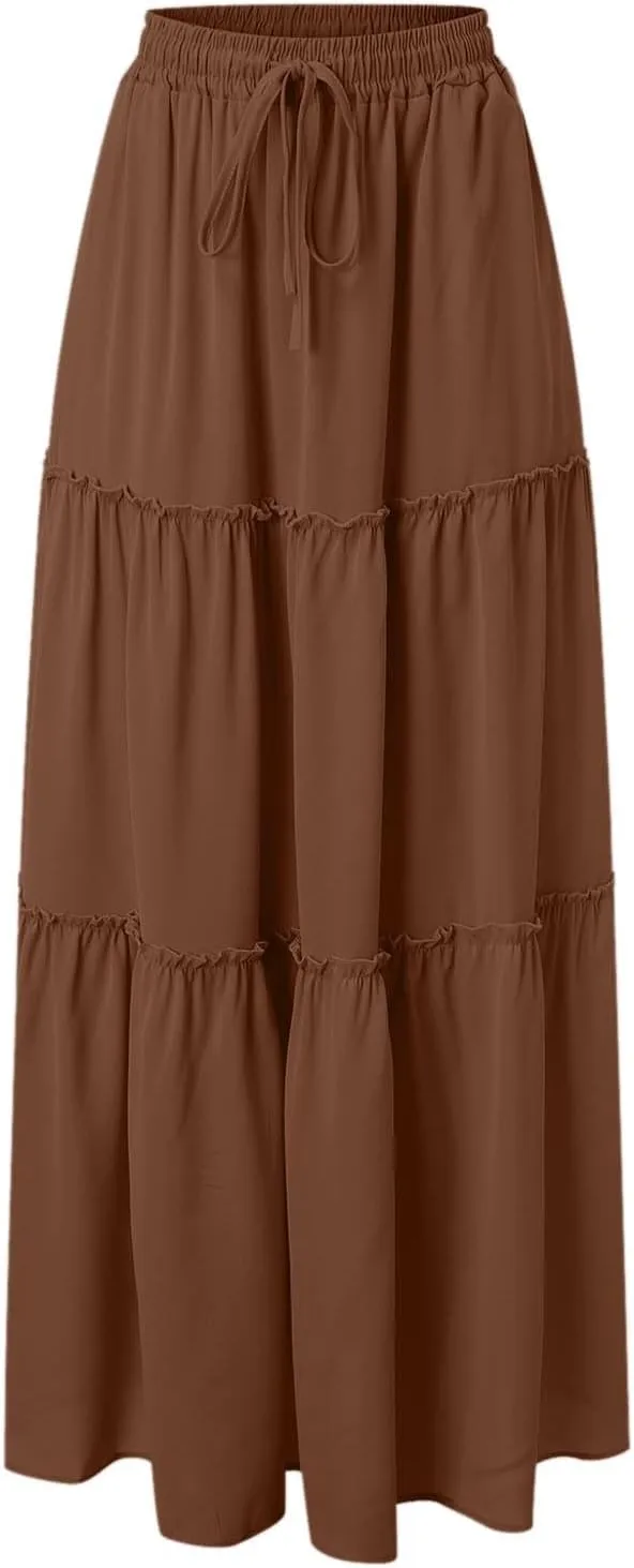 Maxi Skirts for Women Flowy Boho with Pockets Drawstring Elastic High Waist A-Line Ruffle Tiered Summer Long Skirts