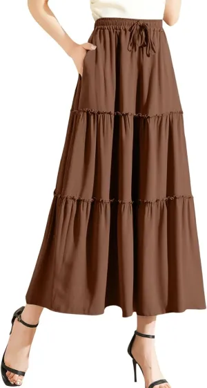 Maxi Skirts for Women Flowy Boho with Pockets Drawstring Elastic High Waist A-Line Ruffle Tiered Summer Long Skirts