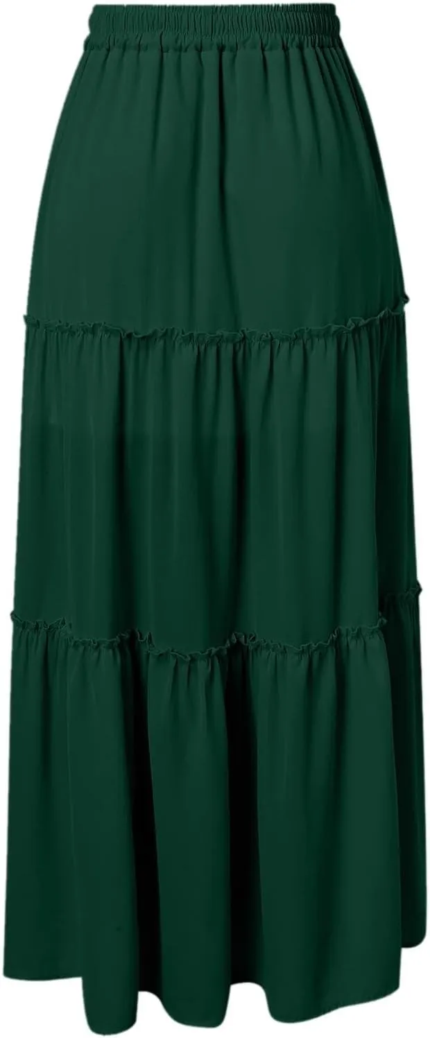 Maxi Skirts for Women Flowy Boho with Pockets Drawstring Elastic High Waist A-Line Ruffle Tiered Summer Long Skirts