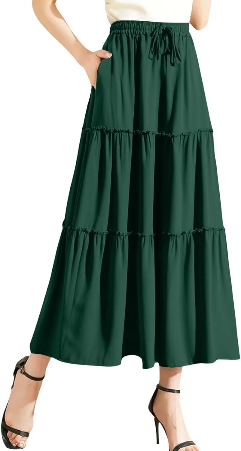 Maxi Skirts for Women Flowy Boho with Pockets Drawstring Elastic High Waist A-Line Ruffle Tiered Summer Long Skirts