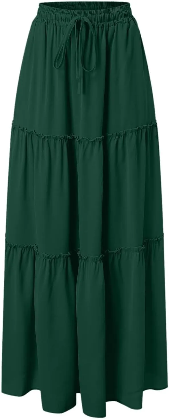 Maxi Skirts for Women Flowy Boho with Pockets Drawstring Elastic High Waist A-Line Ruffle Tiered Summer Long Skirts