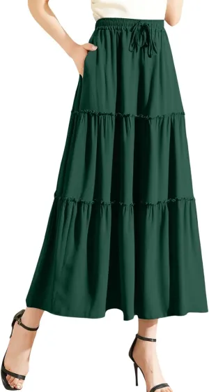 Maxi Skirts for Women Flowy Boho with Pockets Drawstring Elastic High Waist A-Line Ruffle Tiered Summer Long Skirts