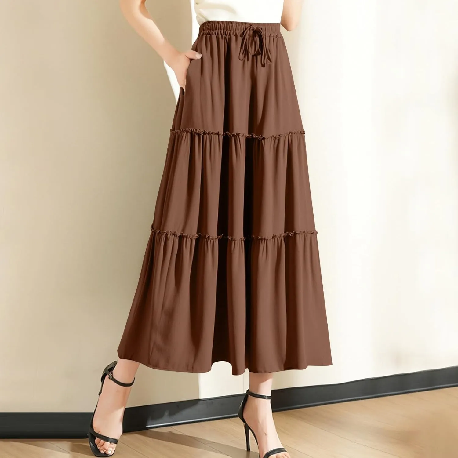 Maxi Skirts for Women Flowy Boho with Pockets Drawstring Elastic High Waist A-Line Ruffle Tiered Summer Long Skirts