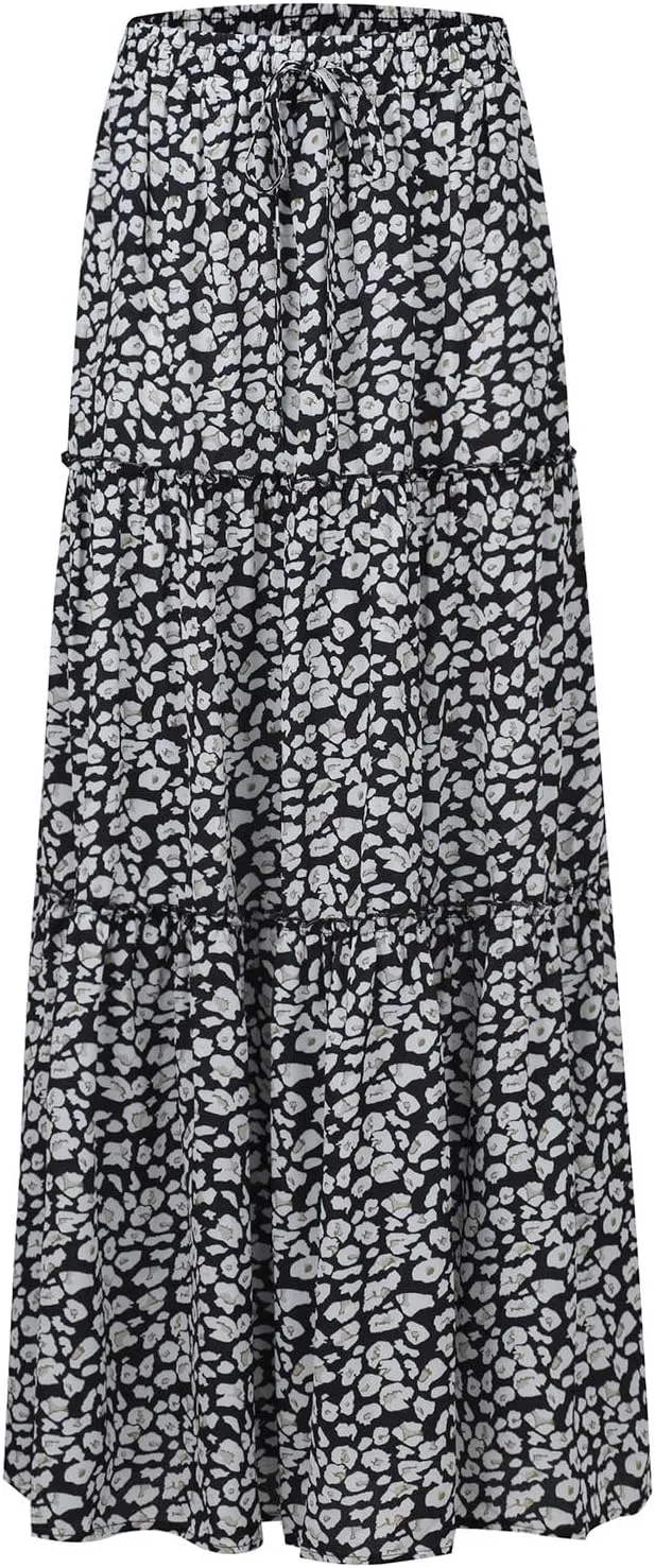 Maxi Skirts for Women Summer Floral Pleated Tiered Boho Flowy Elastic Waist Aline Spring Beach Vacation Long Skirt