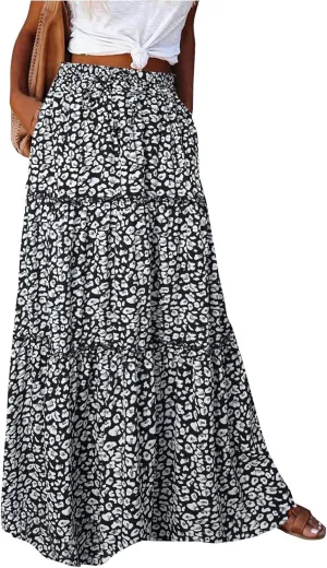 Maxi Skirts for Women Summer Floral Pleated Tiered Boho Flowy Elastic Waist Aline Spring Beach Vacation Long Skirt