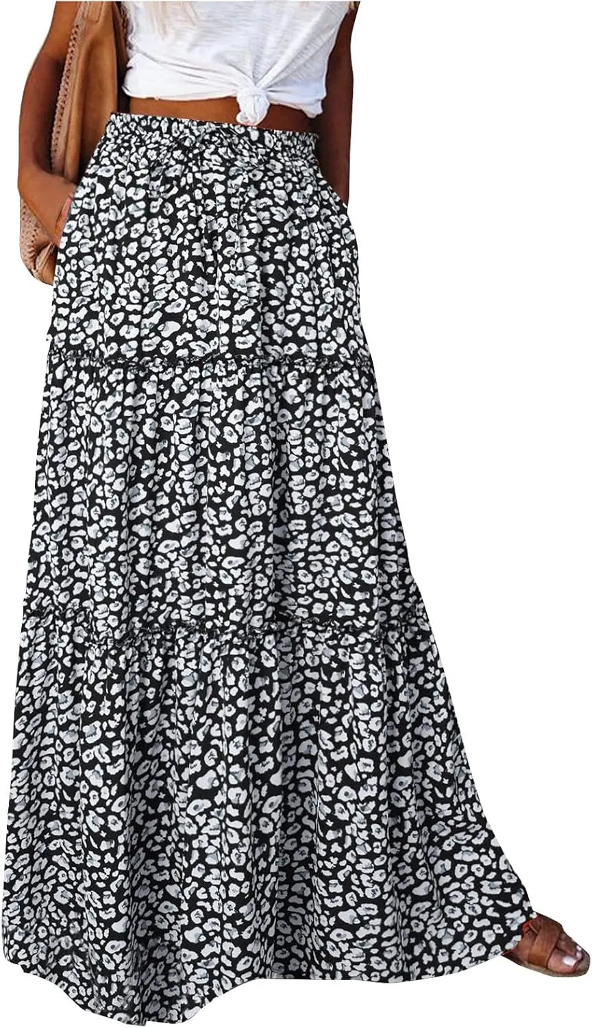Maxi Skirts for Women Summer Floral Pleated Tiered Boho Flowy Elastic Waist Aline Spring Beach Vacation Long Skirt