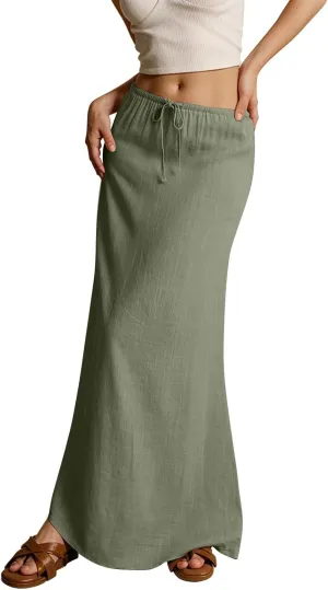 Maxi Skirts for Women Summer Flowy Linen Skirt A-line Elastic Waist Drawstring Low Rise Floor Ankle Length Long Skirts