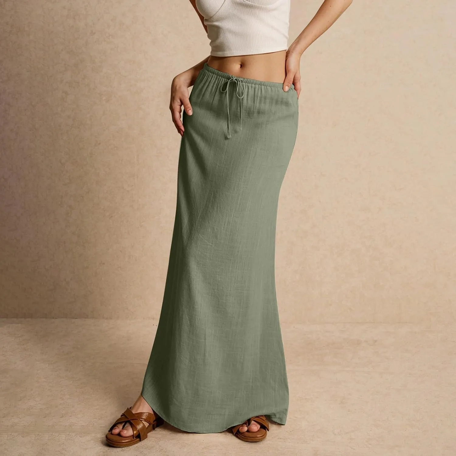 Maxi Skirts for Women Summer Flowy Linen Skirt A-line Elastic Waist Drawstring Low Rise Floor Ankle Length Long Skirts