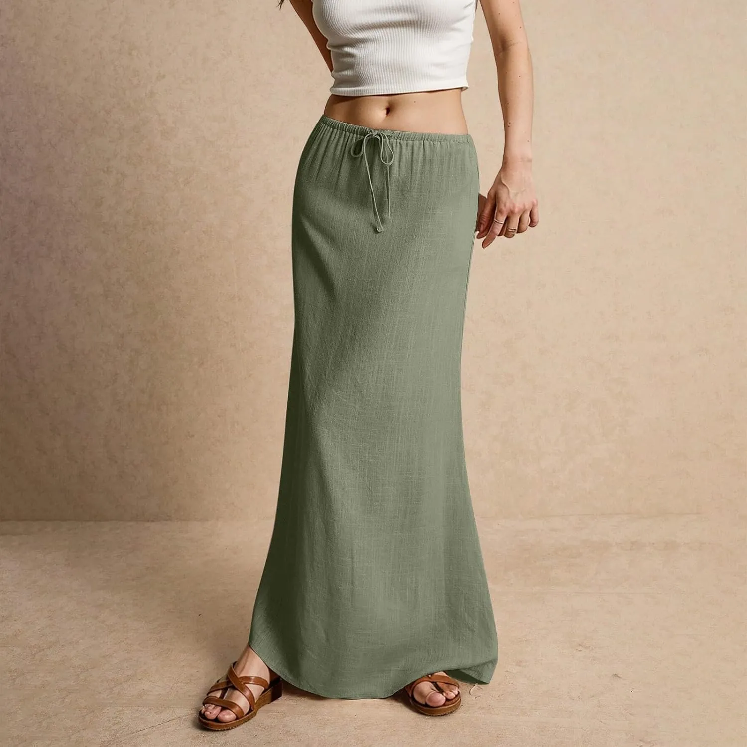 Maxi Skirts for Women Summer Flowy Linen Skirt A-line Elastic Waist Drawstring Low Rise Floor Ankle Length Long Skirts
