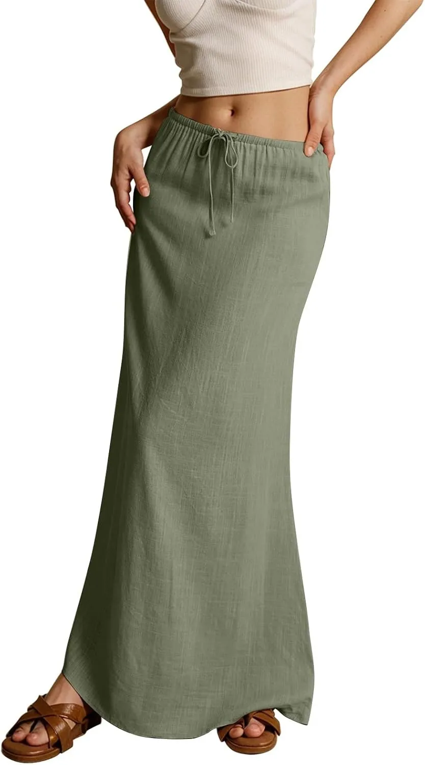 Maxi Skirts for Women Summer Flowy Linen Skirt A-line Elastic Waist Drawstring Low Rise Floor Ankle Length Long Skirts