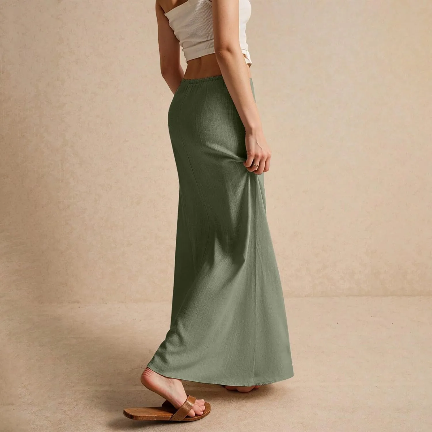 Maxi Skirts for Women Summer Flowy Linen Skirt A-line Elastic Waist Drawstring Low Rise Floor Ankle Length Long Skirts